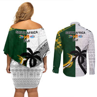South Africa And Fiji Rugby Couples Matching Off Shoulder Short Dress and Long Sleeve Button Shirts 2023 World Cup Fijian Tapa With Kente Pattern - Wonder Print Shop