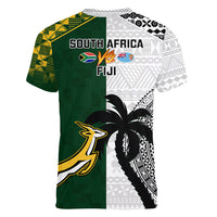 South Africa And Fiji Rugby Women V Neck T Shirt 2023 World Cup Fijian Tapa With Kente Pattern - Wonder Print Shop