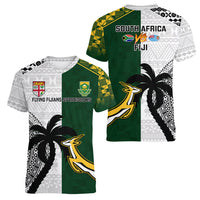 South Africa And Fiji Rugby Women V Neck T Shirt 2023 World Cup Fijian Tapa With Kente Pattern - Wonder Print Shop