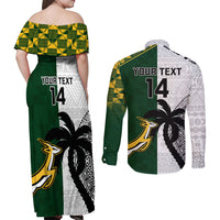 Custom South Africa And Fiji Rugby Couples Matching Off Shoulder Maxi Dress and Long Sleeve Button Shirts 2023 World Cup Fijian Tapa With Kente Pattern - Wonder Print Shop