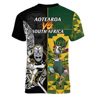 South Africa And Aotearoa Rugby Women V Neck T Shirt 2023 Springboks Kente Combine All Black Maori Fern - Wonder Print Shop