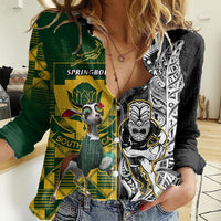 Custom South Africa And Aotearoa Rugby Women Casual Shirt 2023 Springboks Kente Combine All Black Maori Fern - Wonder Print Shop