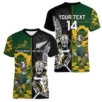 Custom South Africa And Aotearoa Rugby Women V Neck T Shirt 2023 Springboks Kente Combine All Black Maori Fern - Wonder Print Shop