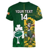 Custom South Africa And Ireland Rugby Women V Neck T Shirt 2023 World Cup Springboks Shamrocks Together - Wonder Print Shop