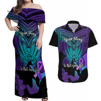 Suicide Awareness Your Story Is Not Over Yet Couples Matching Off Shoulder Maxi Dress and Hawaiian Shirt Polynesian Butterfly Tattoo - Wonder Print Shop