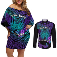 Suicide Awareness Your Story Is Not Over Yet Couples Matching Off Shoulder Short Dress and Long Sleeve Button Shirts Polynesian Butterfly Tattoo - Wonder Print Shop
