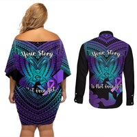 Suicide Awareness Your Story Is Not Over Yet Couples Matching Off Shoulder Short Dress and Long Sleeve Button Shirts Polynesian Butterfly Tattoo - Wonder Print Shop