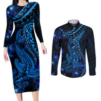 Blue Polynesia Shark Tattoo Couples Matching Long Sleeve Bodycon Dress and Long Sleeve Button Shirt With Polynesian Plumeria - Wonder Print Shop