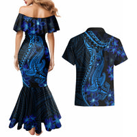 Blue Polynesia Shark Tattoo Couples Matching Mermaid Dress and Hawaiian Shirt With Polynesian Plumeria - Wonder Print Shop