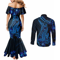 blue-polynesia-shark-tattoo-couples-matching-mermaid-dress-and-long-sleeve-button-shirt-with-polynesian-plumeria