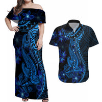 Blue Polynesia Shark Tattoo Couples Matching Off Shoulder Maxi Dress and Hawaiian Shirt With Polynesian Plumeria - Wonder Print Shop