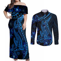 Blue Polynesia Shark Tattoo Couples Matching Off Shoulder Maxi Dress and Long Sleeve Button Shirt With Polynesian Plumeria - Wonder Print Shop