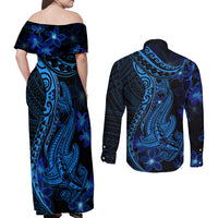 Blue Polynesia Shark Tattoo Couples Matching Off Shoulder Maxi Dress and Long Sleeve Button Shirt With Polynesian Plumeria - Wonder Print Shop