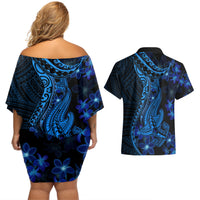 Blue Polynesia Shark Tattoo Couples Matching Off Shoulder Short Dress and Hawaiian Shirt With Polynesian Plumeria - Wonder Print Shop