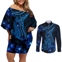 Blue Polynesia Shark Tattoo Couples Matching Off Shoulder Short Dress and Long Sleeve Button Shirt With Polynesian Plumeria - Wonder Print Shop