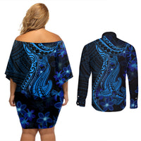 Blue Polynesia Shark Tattoo Couples Matching Off Shoulder Short Dress and Long Sleeve Button Shirt With Polynesian Plumeria - Wonder Print Shop