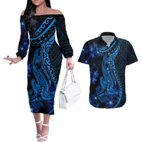 Blue Polynesia Shark Tattoo Couples Matching Off The Shoulder Long Sleeve Dress and Hawaiian Shirt With Polynesian Plumeria - Wonder Print Shop