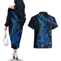 Blue Polynesia Shark Tattoo Couples Matching Off The Shoulder Long Sleeve Dress and Hawaiian Shirt With Polynesian Plumeria - Wonder Print Shop