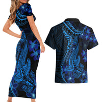 Blue Polynesia Shark Tattoo Couples Matching Short Sleeve Bodycon Dress and Hawaiian Shirt With Polynesian Plumeria - Wonder Print Shop