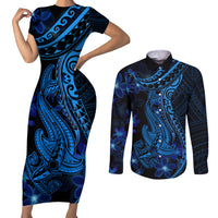 Blue Polynesia Shark Tattoo Couples Matching Short Sleeve Bodycon Dress and Long Sleeve Button Shirt With Polynesian Plumeria - Wonder Print Shop