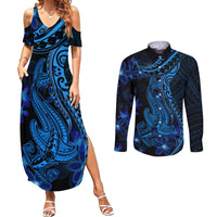 Blue Polynesia Shark Tattoo Couples Matching Summer Maxi Dress and Long Sleeve Button Shirt With Polynesian Plumeria - Wonder Print Shop