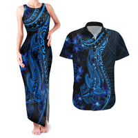 Blue Polynesia Shark Tattoo Couples Matching Tank Maxi Dress and Hawaiian Shirt With Polynesian Plumeria - Wonder Print Shop