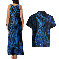 Blue Polynesia Shark Tattoo Couples Matching Tank Maxi Dress and Hawaiian Shirt With Polynesian Plumeria - Wonder Print Shop