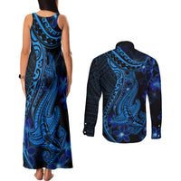 Blue Polynesia Shark Tattoo Couples Matching Tank Maxi Dress and Long Sleeve Button Shirt With Polynesian Plumeria - Wonder Print Shop