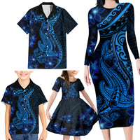Blue Polynesia Shark Tattoo Family Matching Long Sleeve Bodycon Dress and Hawaiian Shirt With Polynesian Plumeria - Wonder Print Shop