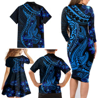 Blue Polynesia Shark Tattoo Family Matching Long Sleeve Bodycon Dress and Hawaiian Shirt With Polynesian Plumeria - Wonder Print Shop
