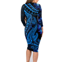 Blue Polynesia Shark Tattoo Family Matching Long Sleeve Bodycon Dress and Hawaiian Shirt With Polynesian Plumeria - Wonder Print Shop