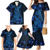Blue Polynesia Shark Tattoo Family Matching Mermaid Dress and Hawaiian Shirt With Polynesian Plumeria - Wonder Print Shop