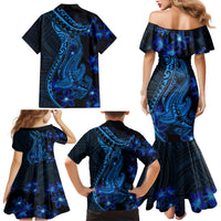 Blue Polynesia Shark Tattoo Family Matching Mermaid Dress and Hawaiian Shirt With Polynesian Plumeria - Wonder Print Shop