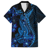 Blue Polynesia Shark Tattoo Family Matching Off Shoulder Long Sleeve Dress and Hawaiian Shirt With Polynesian Plumeria - Wonder Print Shop