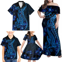Blue Polynesia Shark Tattoo Family Matching Off Shoulder Maxi Dress and Hawaiian Shirt With Polynesian Plumeria - Wonder Print Shop