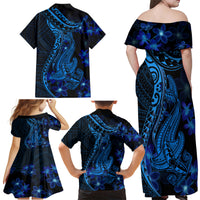 Blue Polynesia Shark Tattoo Family Matching Off Shoulder Maxi Dress and Hawaiian Shirt With Polynesian Plumeria - Wonder Print Shop