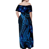 Blue Polynesia Shark Tattoo Family Matching Off Shoulder Maxi Dress and Hawaiian Shirt With Polynesian Plumeria - Wonder Print Shop