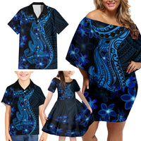 Blue Polynesia Shark Tattoo Family Matching Off Shoulder Short Dress and Hawaiian Shirt With Polynesian Plumeria - Wonder Print Shop