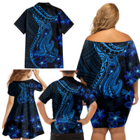 Blue Polynesia Shark Tattoo Family Matching Off Shoulder Short Dress and Hawaiian Shirt With Polynesian Plumeria - Wonder Print Shop