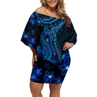 Blue Polynesia Shark Tattoo Family Matching Off Shoulder Short Dress and Hawaiian Shirt With Polynesian Plumeria - Wonder Print Shop