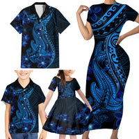 Blue Polynesia Shark Tattoo Family Matching Short Sleeve Bodycon Dress and Hawaiian Shirt With Polynesian Plumeria - Wonder Print Shop