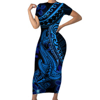 Blue Polynesia Shark Tattoo Family Matching Short Sleeve Bodycon Dress and Hawaiian Shirt With Polynesian Plumeria - Wonder Print Shop
