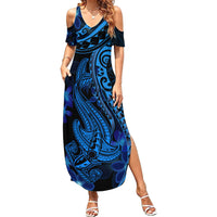 Blue Polynesia Shark Tattoo Family Matching Summer Maxi Dress and Hawaiian Shirt With Polynesian Plumeria - Wonder Print Shop
