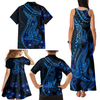 Blue Polynesia Shark Tattoo Family Matching Tank Maxi Dress and Hawaiian Shirt With Polynesian Plumeria - Wonder Print Shop