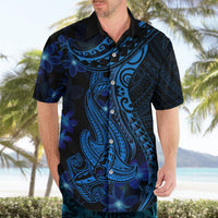 Men's Hawaiian short-sleeve button-up with blue shark tattoo and plumeria floral print