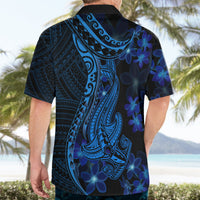 Men's Hawaiian short-sleeve button-up with blue shark tattoo back print and plumeria