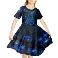 Blue Polynesia Shark Tattoo Kid Short Sleeve Dress With Polynesian Plumeria - Wonder Print Shop