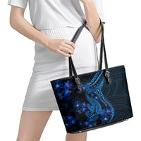 Blue Polynesia Shark Tattoo Leather Tote Bag With Polynesian Plumeria - Wonder Print Shop