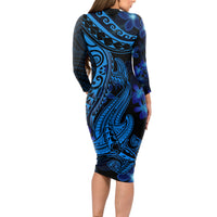 Blue Polynesia Shark Tattoo Long Sleeve Bodycon Dress With Polynesian Plumeria - Wonder Print Shop