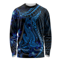 Blue Polynesia Shark Tattoo Long Sleeve Shirt With Polynesian Plumeria - Wonder Print Shop